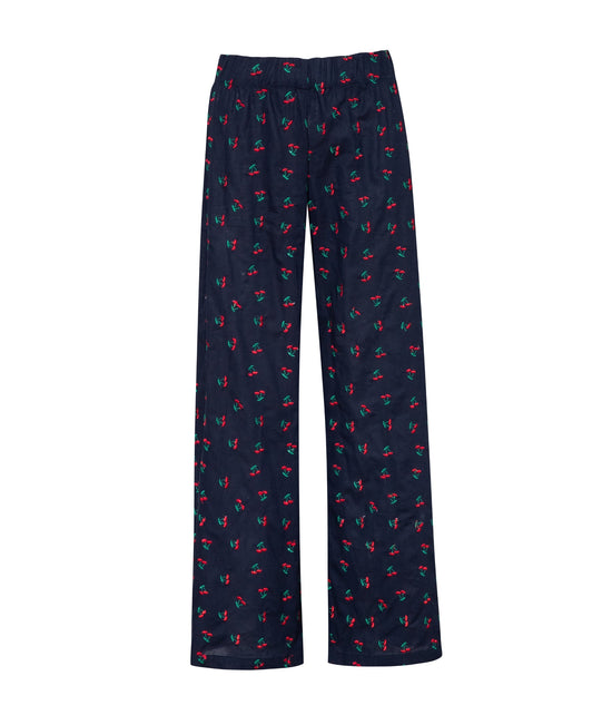 Verdelimon - Trousers - Boyfriend - Navy Linen Embroidered Cherriess - Front